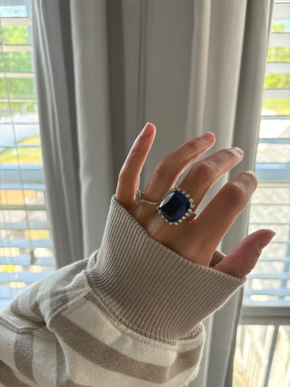 Blue Cushion-Cut Solitaire Ring with Halo - Women Jewelry